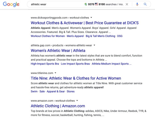 Google organic search results for "athletic wear" query.
