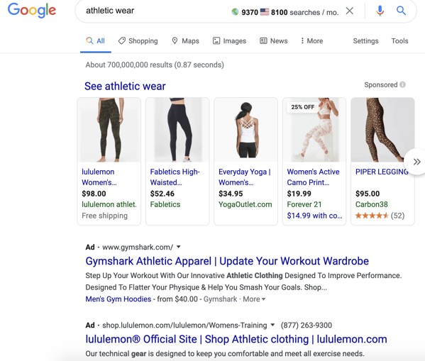 Google paid results for query "athletic wear."