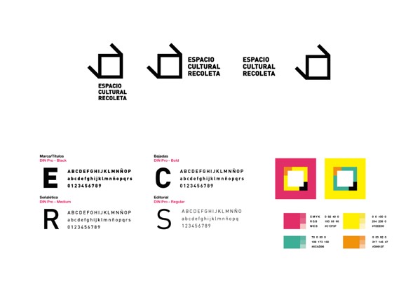 Brand style guide for Espacio Cultural with four typefaces and vibrant color palette