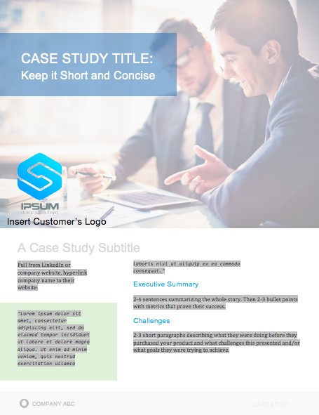 Sample case study format shown in a blue case study template