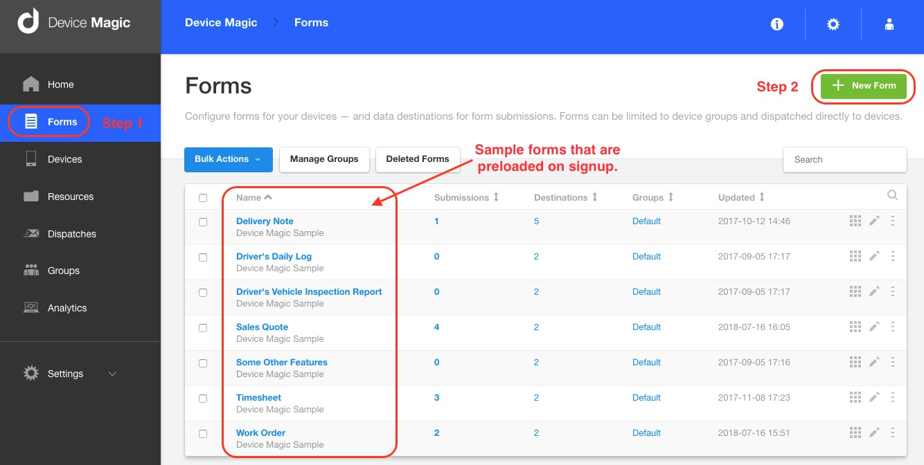 Device magic form creator dashboard