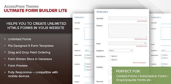 Ultimate form builder lite website screenshot showing form options