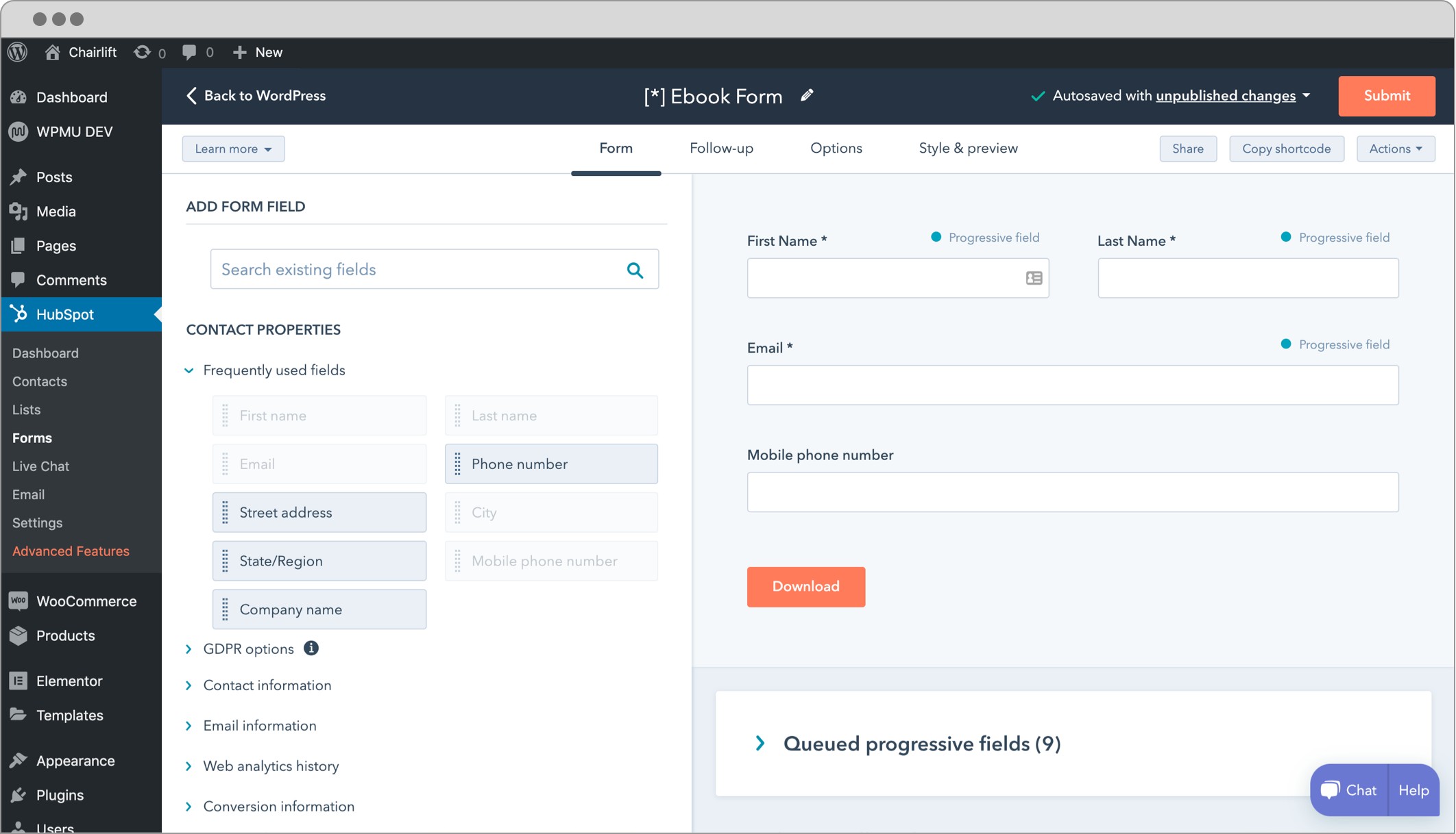 Form builder tool in HubSpot's WordPress Plugin