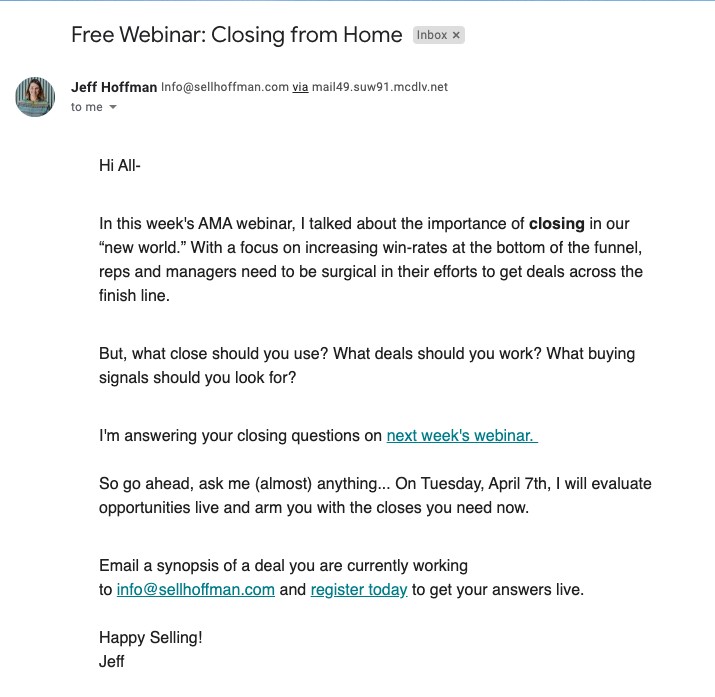 Example of a Jeff Hoffman email campaign