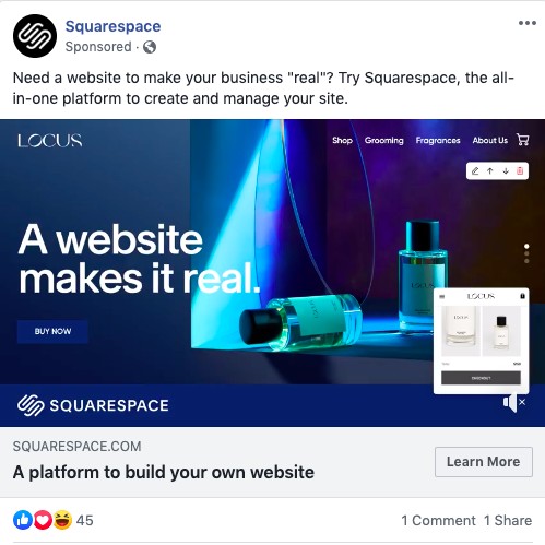Squarespace targeted ad on Facebook