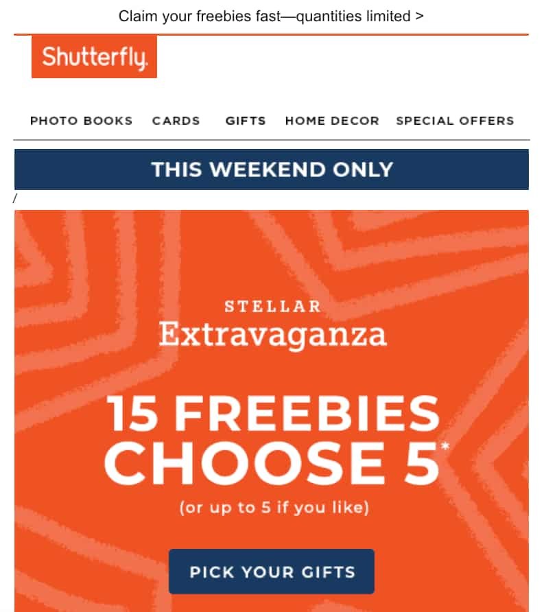 Shutterfly Freebie Email with subject line of "Hot freebie alert! 15 free gifts, you pick 5."