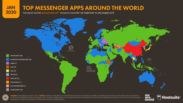 Map showing most popular messenger apps around the world.