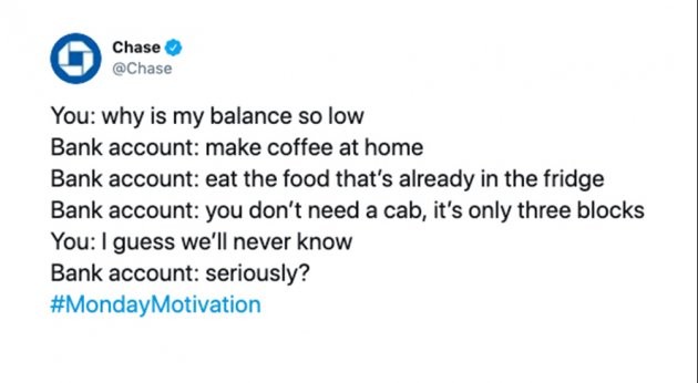 Chase tweet about spending habits.