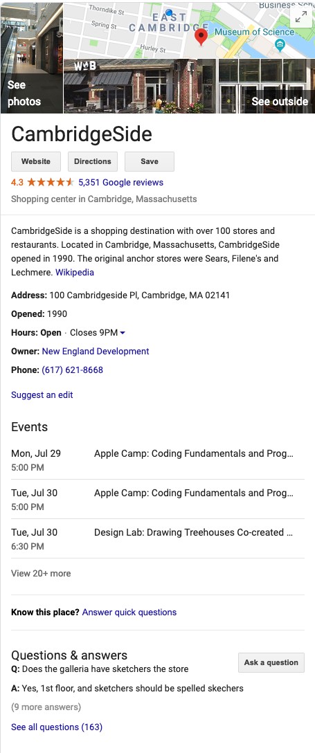 cambridgeside galleria google business listing