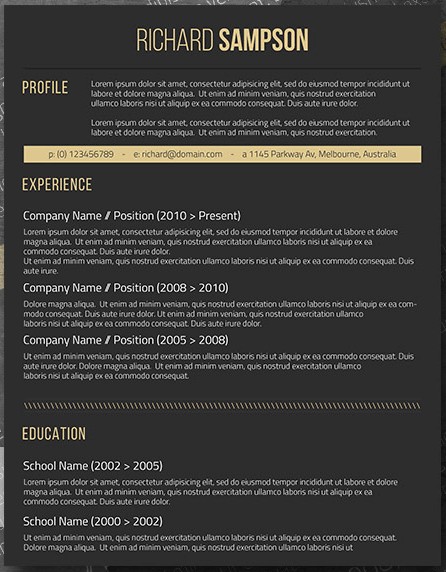 Dark resume template with black background and yellow font