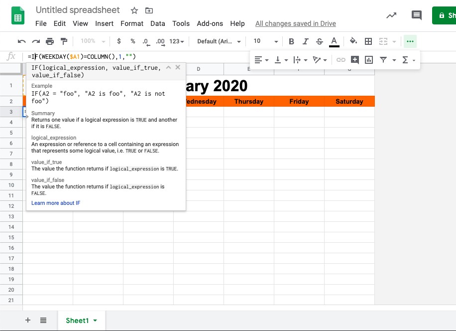 The formula for weekday numbers in Google Sheets.