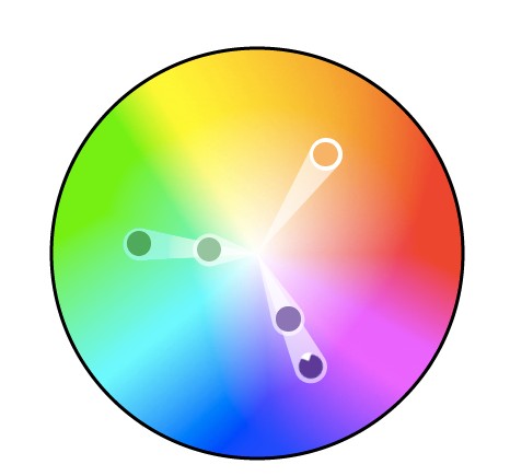 Color wheel with three triadic colors plotted between purple, green, and orange