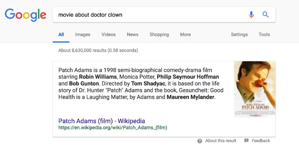 Patch Adams featured snippet.