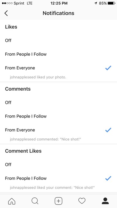 notifications option within instagram settings with sections for likes, comments, and comment likes