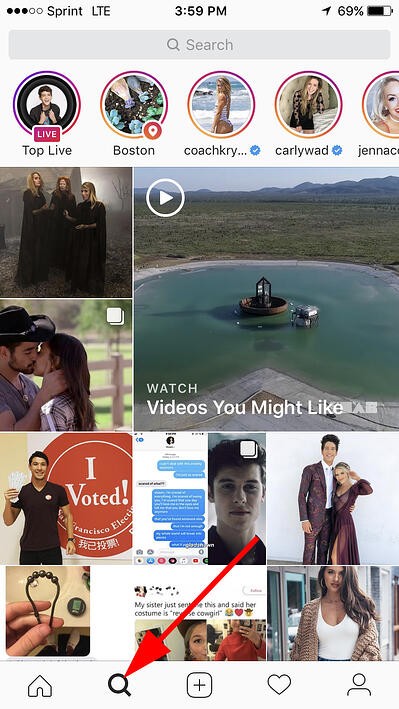 search feature in instagram with magnifier icon