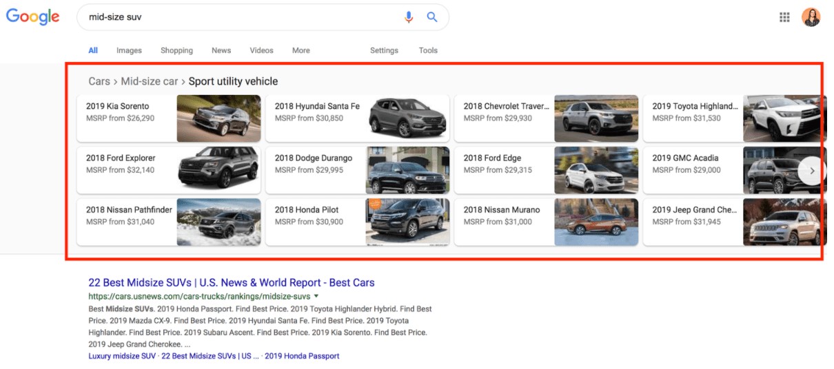 structured data carousel example mid-size suv