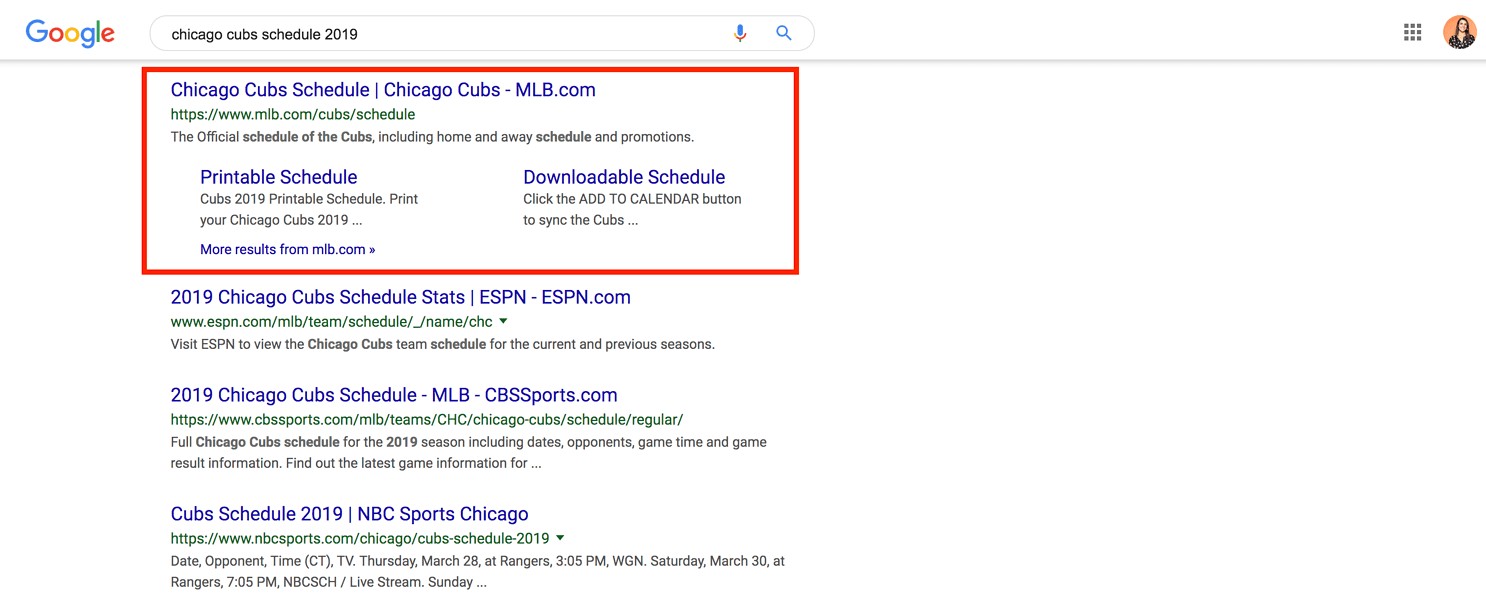 search results page for chicago cubs schedule 2019