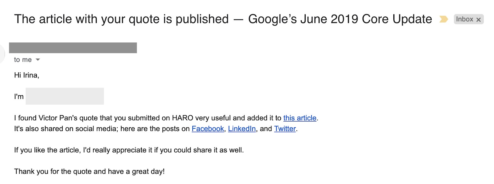 email response from journalist stating that a quote submitted through HARO was accepted for publication