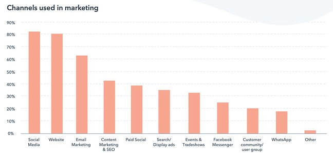 graph of most popular channels used in marketing, with website in position 2 after social media