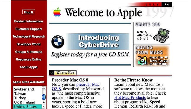 history of web design: the early version of apple's website
