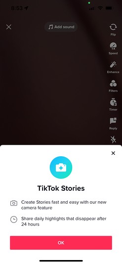 Tiktok stories announcement in tiktok app