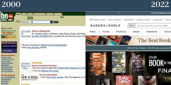 Nostalgic websites: Barnes and Noble. Left features B&N's older website, the right side features Barnes and Noble's site today. 