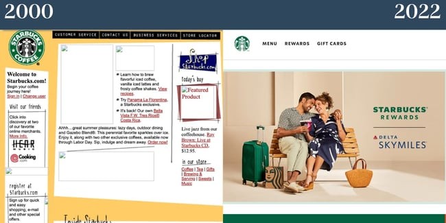Nostalgic websites: Starbucks in 2000 versus Starbucks in 2022. In the 2000 version, the images do not load. 