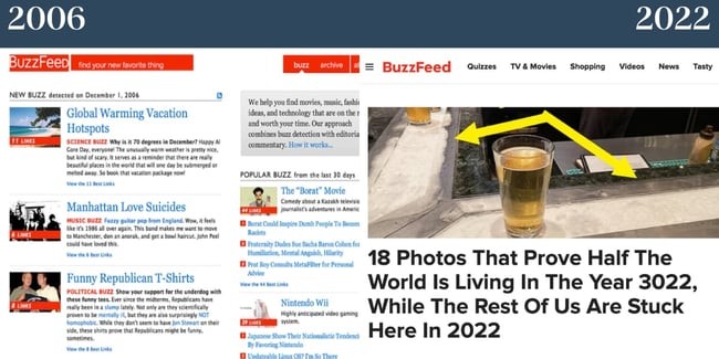 Nostalgic websites: Buzzfeed's homepage in 2006 is compared to 2022's. Both feature text, but 2006 features significantly more. 