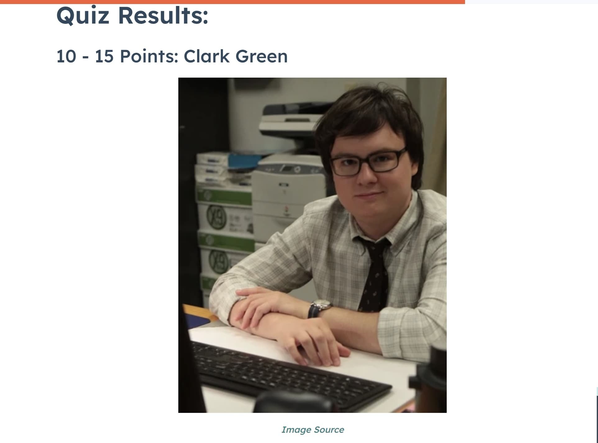 Screenshot of an answer from our "The Office" quiz, featuring an image of Clark Green.