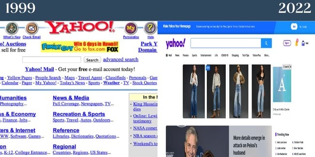 Nostalgic websites: Yahoo. On the left is the homepage in the 1990s, on the right is the homepage now. 