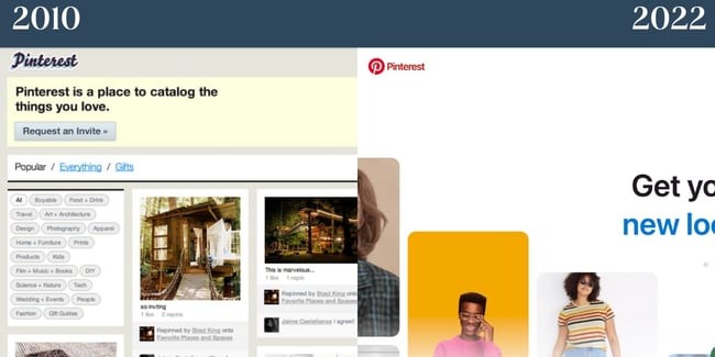 Nostalgic websites: Pinterest. Left side shows Pinterest in 2010 when it debuted, the right side shows Pinterest in 2022. 