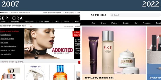 Nostalgic Websites: Sephora. The image on the left is Sephora's website in the early 2000s and the right is from 2022. 