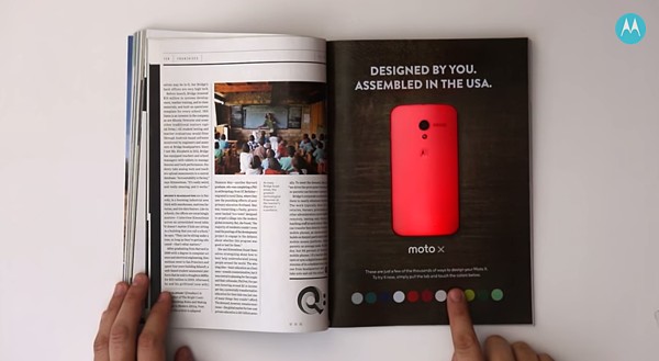 Interactive print ad by Motorola and Wired Magazine that changes the smartphone's color on the page.