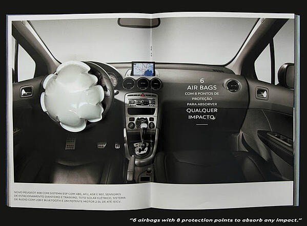 Peugot's print ad would inflate an airbag if hit.