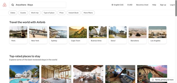 Airbnb, a crowdsourced vacation rental site, home page.