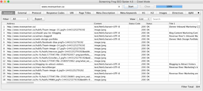 Screaming Frog SEO Spider's technical SEO results