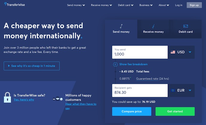TransferWise sign-up landing page with CTAs for sending money, receiving money, and TransferWise debit card