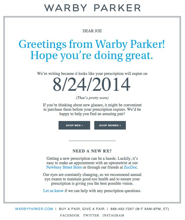 Email marketing campaign example by Warby Parker notifying user of product renewal