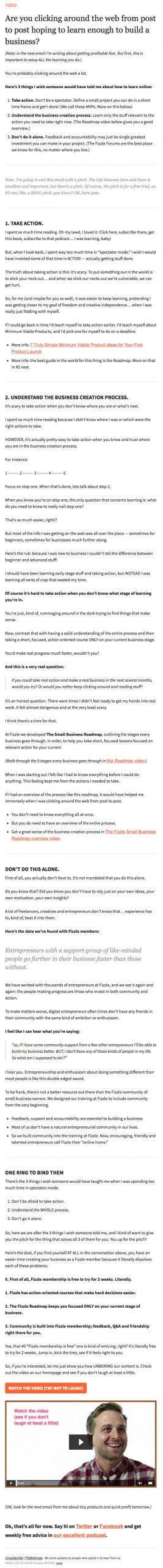 Email newsletter example design with entrepreneurship tips by Fizzle