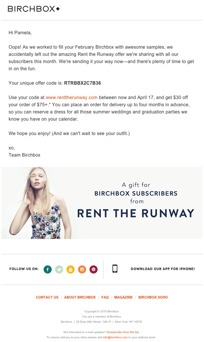 Email marketing campaign example by Birchbox featuring a comarketing promotion
