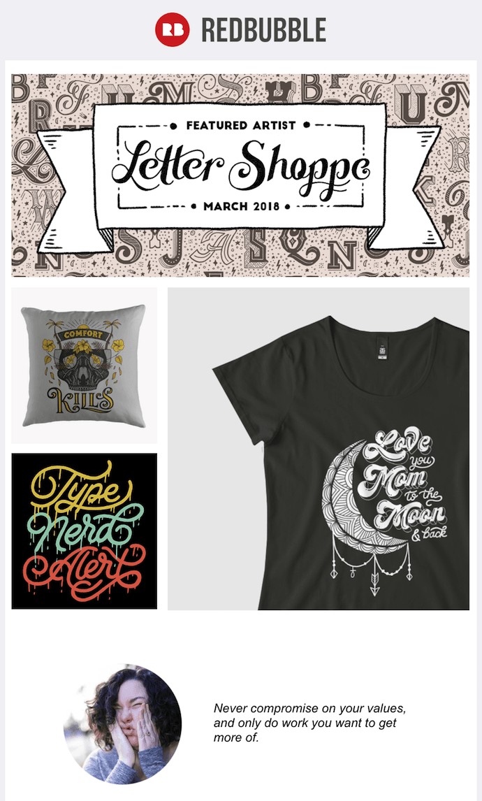 Email marketing campaign example by RedBubble promoting a Featured Artist
