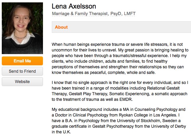 Lena Axelsson's professional bio on an industry website for therapists