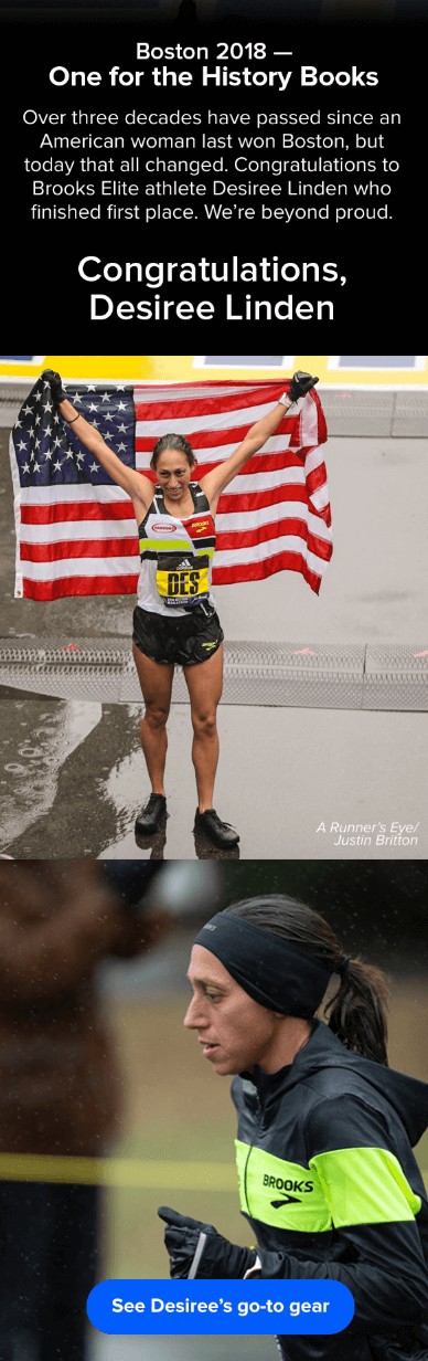 Email marketing campaign example by Brooks Sports featuring Desiree Linden's 2018 Boston Marathon victory