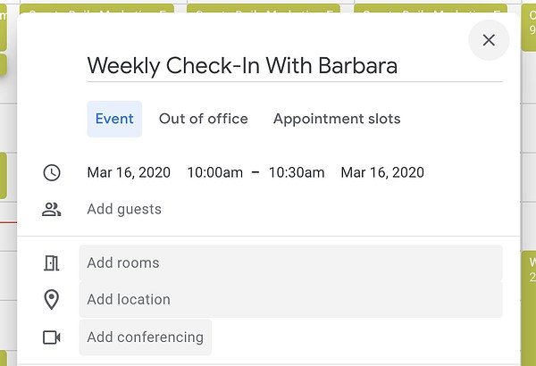 booking weekly checkins with colleagues on Google Calendar