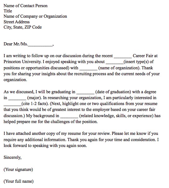 Career day follow-up cover letter template