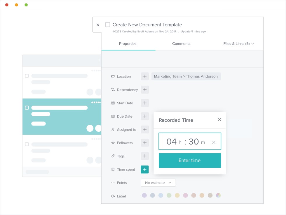 Time tracking feature creating a time log for a task in Taskworld