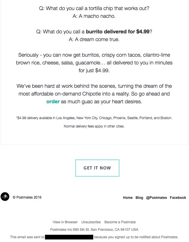 Email marketing campaign example by Postmates on a new burrito menu