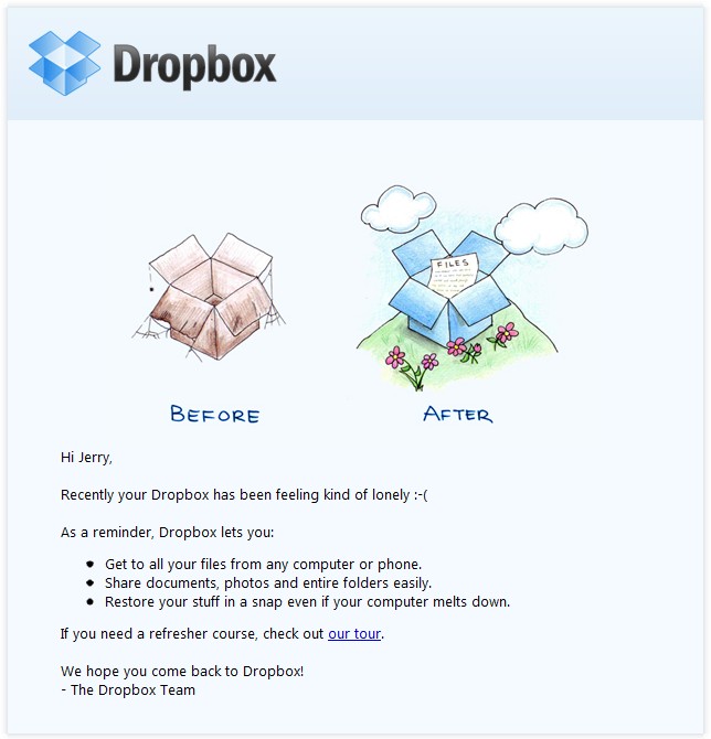 Email marketing campaign example by Dropbox attempting to reengage an inactive user