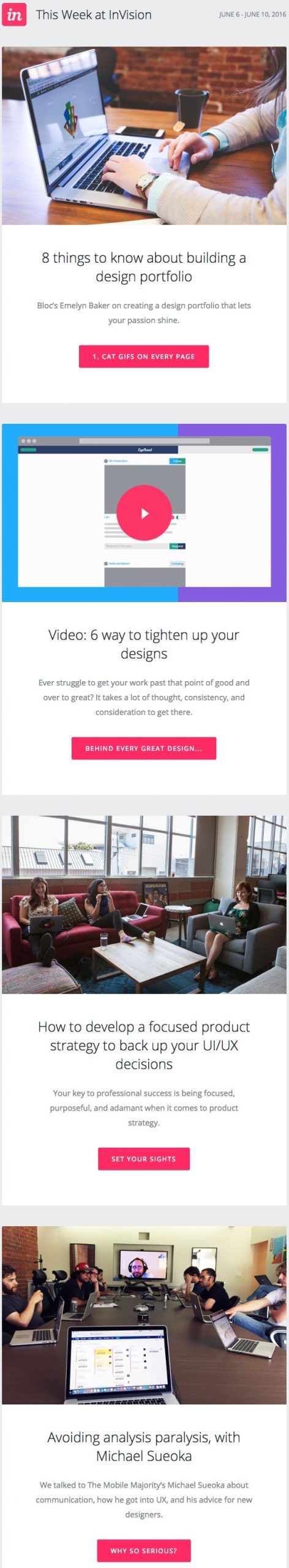 Email newsletter example design with blog posts by InVision