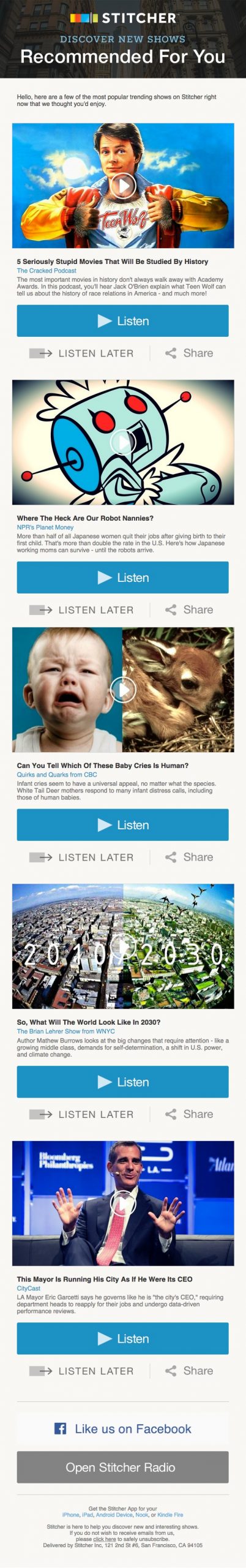 Email marketing campaign example by Stitcher showing 'Recommended for You' content